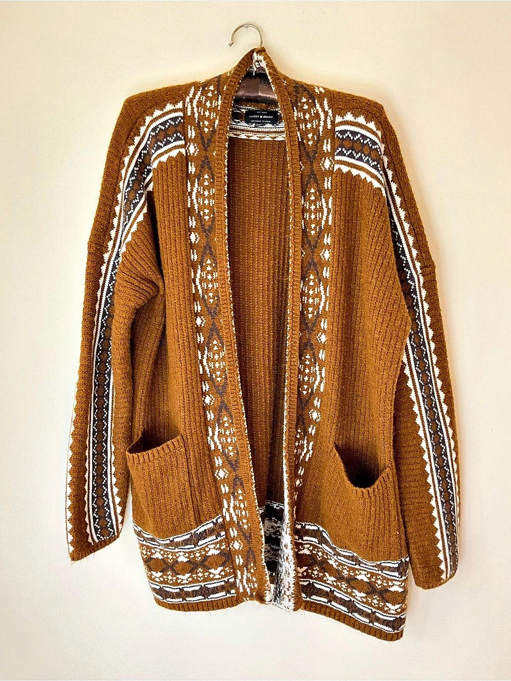 Lucky Brand Fairisle Shawl Cardigan Brown & White XL
